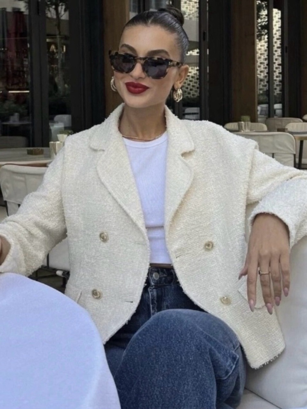Zara Textured Tweed Double-Breasted Blazer in Ivory Cream Size Small NWT